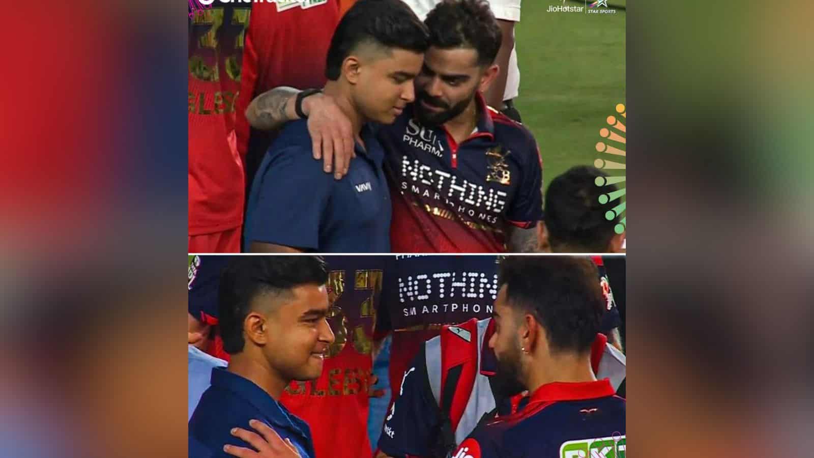 A young cricket player being congratulated by a teammate on the field after a match.