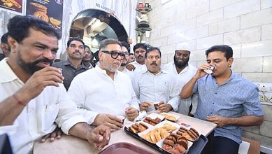 KTR enjoys tea and biscuits at the Nimarah Cafe in Hyderabad