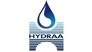 Clean water droplet logo with "HYDRAA" text and horizontal lines, symbolising water conservation and envi.