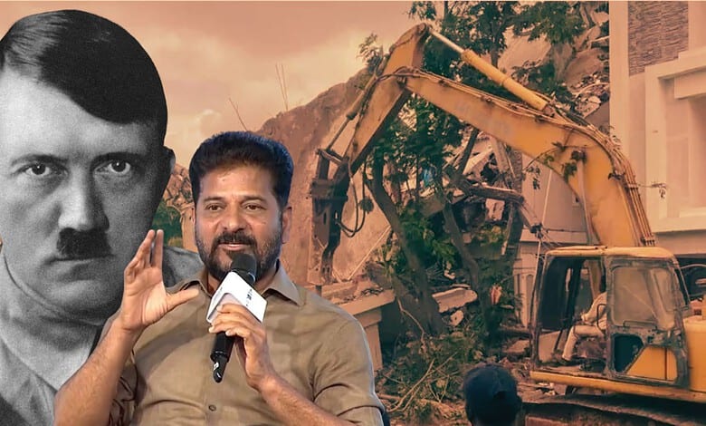 A man speaking into a microphone in front of a construction site with a large image of a historical figur.