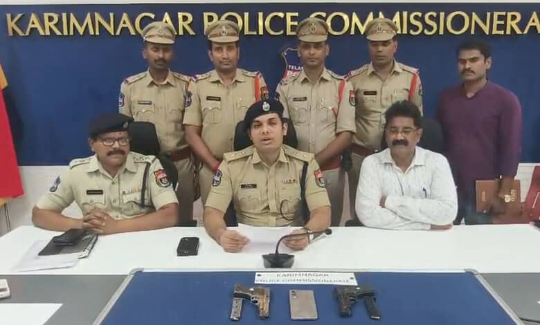 Arrested police officers with seized weapons at Karimnagar Police Commissioner's office, Telangana.