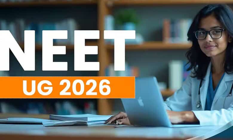 NEET UG 2026 exam preparation: Female student studying with laptop and books in a library setting.