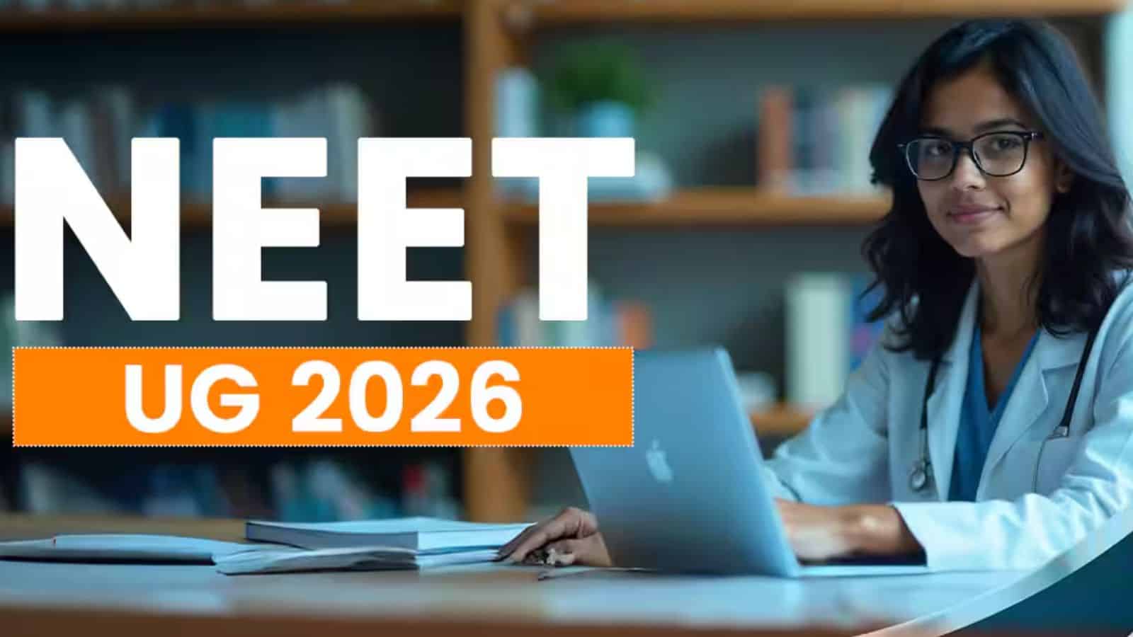 NEET UG 2026 exam preparation: Female student studying with laptop and books in a library setting.
