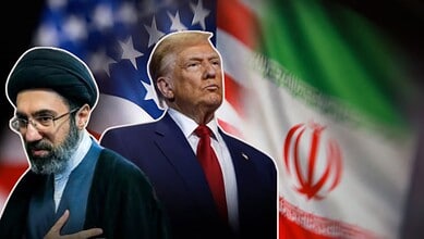 Donald Trump and Iranian leaders with flags in the background, symbolising international political relati.
