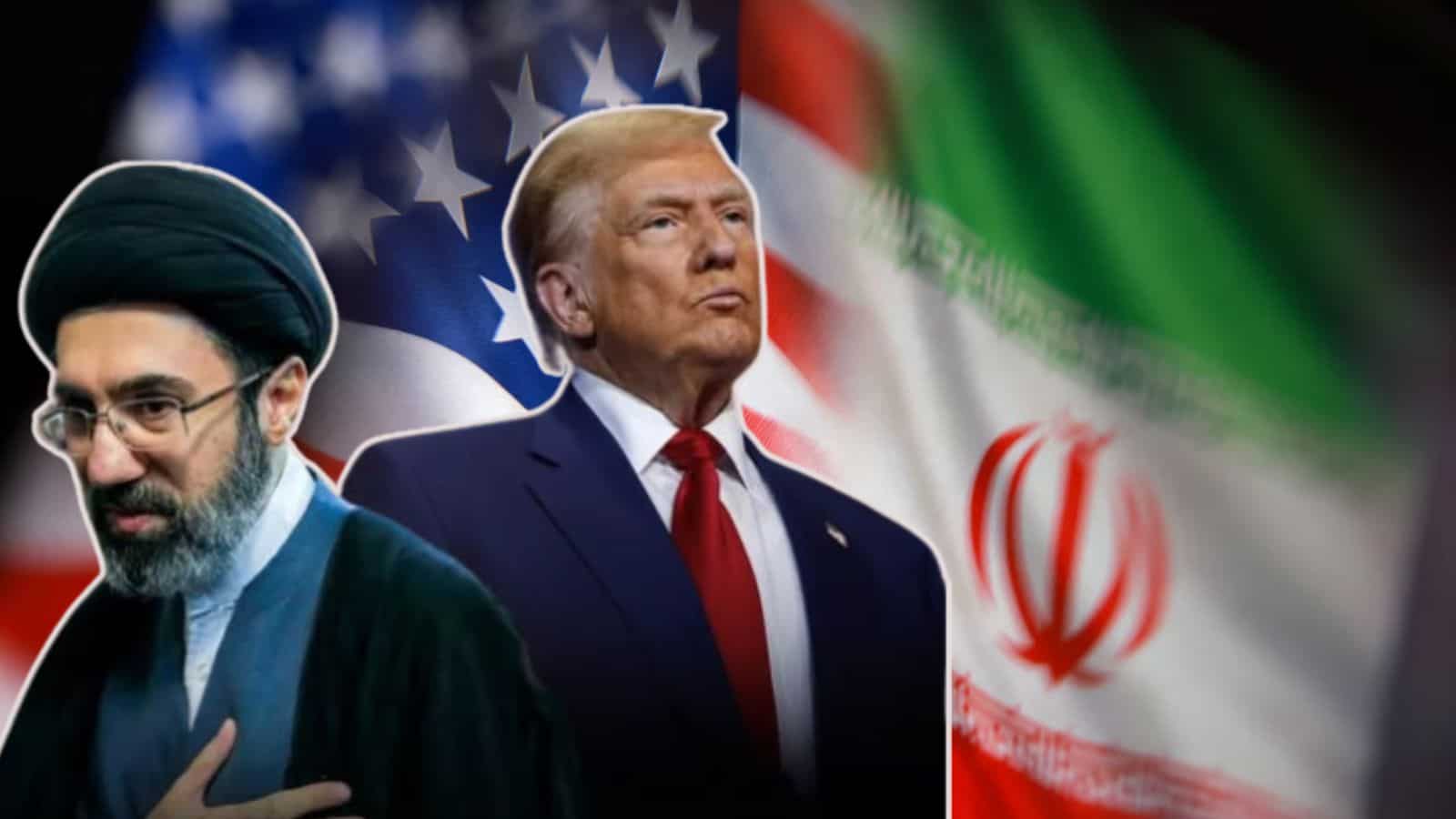 Donald Trump and Iranian leaders with flags in the background, symbolising international political relati.