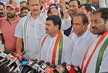 Karimnagar District Congress Committee President Dr Medipalli Satyam addresses the media.