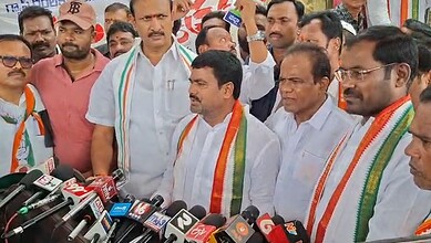 Karimnagar District Congress Committee President Dr Medipalli Satyam addresses the media.