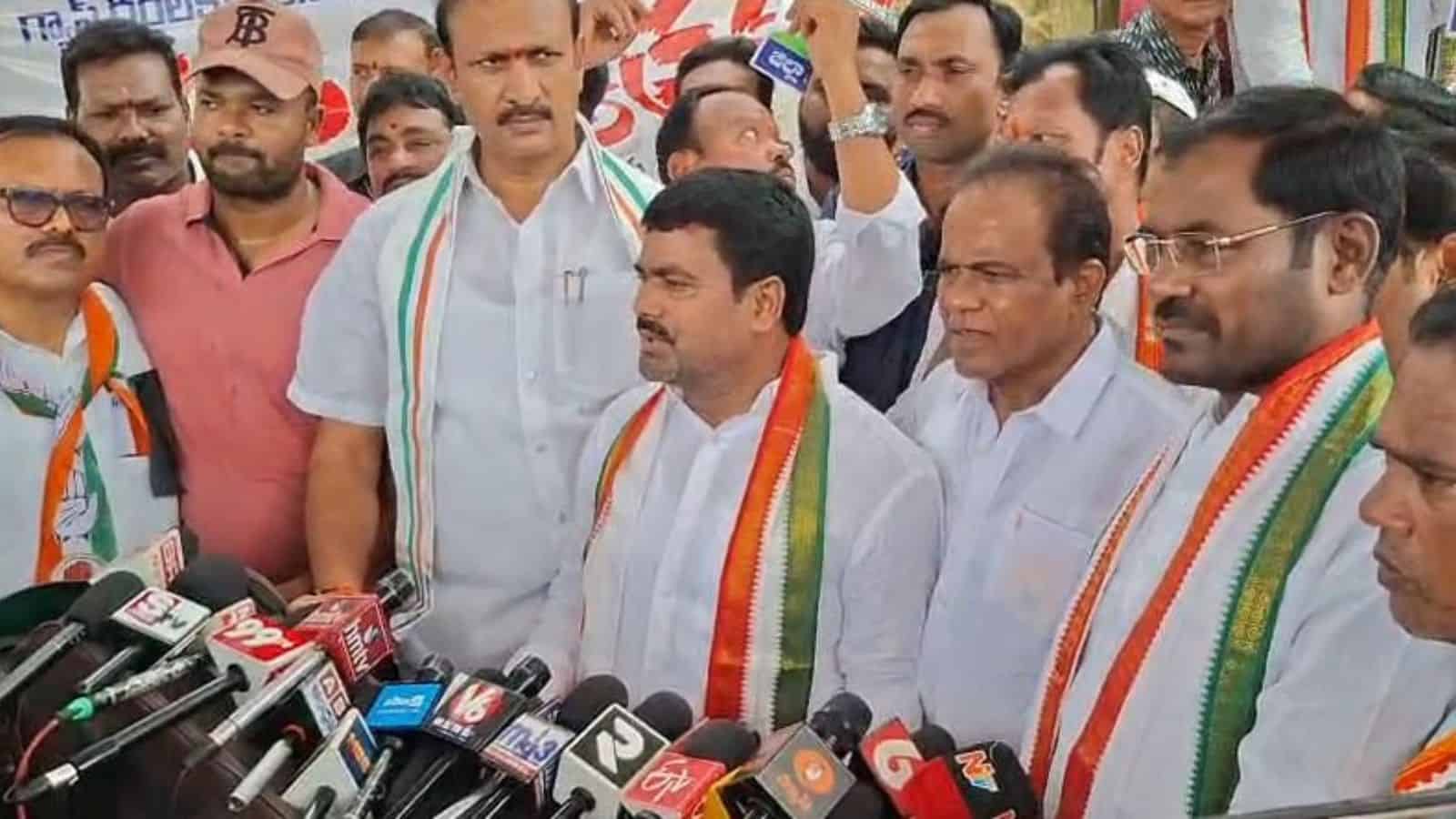 Karimnagar District Congress Committee President Dr Medipalli Satyam addresses the media.