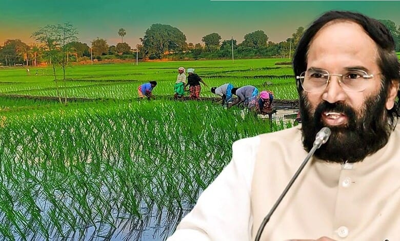 A man with glasses and a beard speaking into a microphone in front of a lush green rice field during suns.