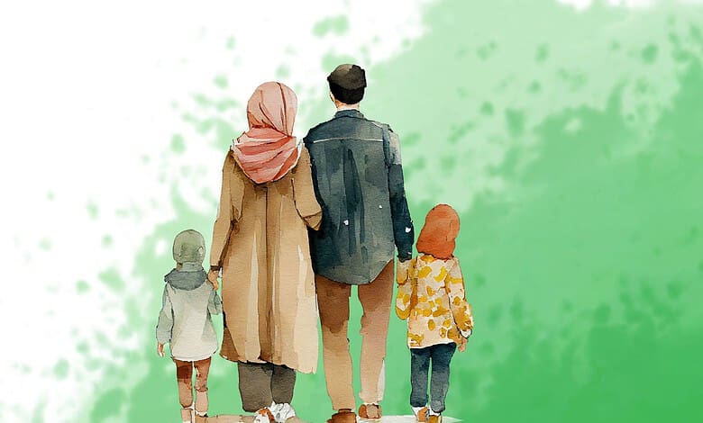 A man and woman walking with two children in a park, viewed from behind.