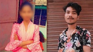 A young woman in traditional attire with blurred face standing outdoors next to a young man in floral shi.