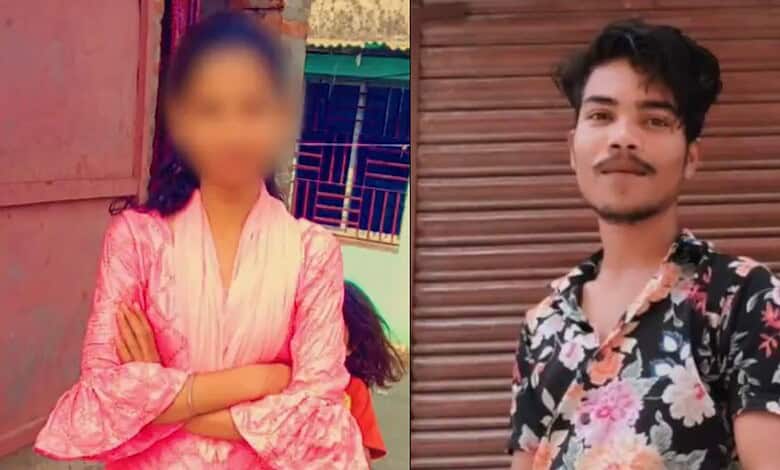 A young woman in traditional attire with blurred face standing outdoors next to a young man in floral shi.