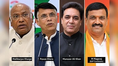 Senior Indian politicians speaking at a public event, with a focus on political leadership and governance.