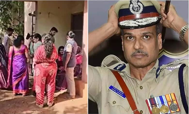 A woman and children in traditional attire gather outside a building, with a police officer in uniform ne.