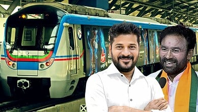 A modern train at a station with two smiling men in front, celebrating transportation progress and infras.