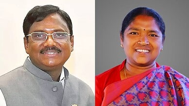 Two Indian officials, a man and a woman, smiling in formal attire for a campaign on child rights.