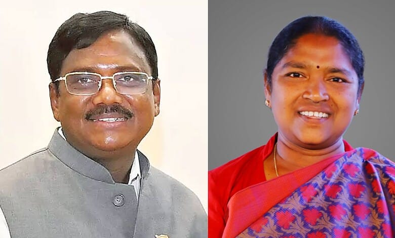 Two Indian officials, a man and a woman, smiling in formal attire for a campaign on child rights.