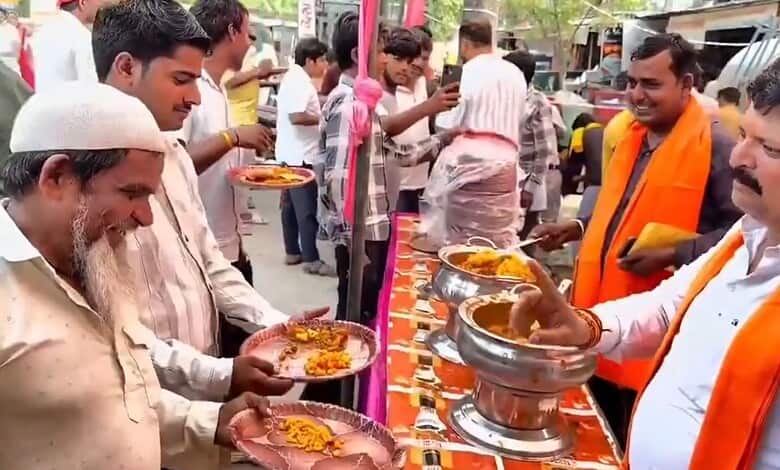 People participating in a religious event with offerings and prayers, celebrating a spiritual occasion.