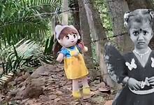 Child in a yellow dress and doll in a forest, with a black-and-white photo of a girl in a black dress.
