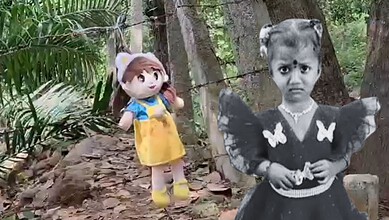 Child in a yellow dress and doll in a forest, with a black-and-white photo of a girl in a black dress.