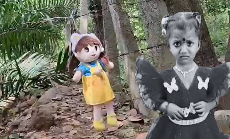Child in a yellow dress and doll in a forest, with a black-and-white photo of a girl in a black dress.