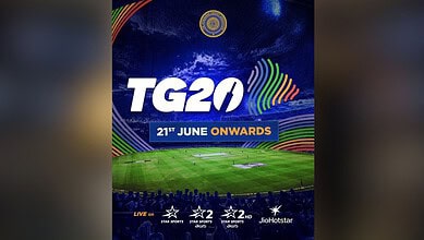 TG20 cricket event poster with stadium and date 21st June in Hyderabad.