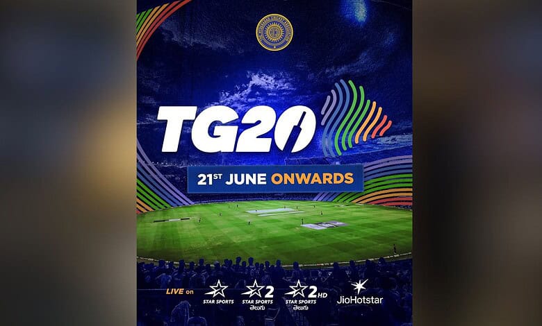 TG20 cricket event poster with stadium and date 21st June in Hyderabad.
