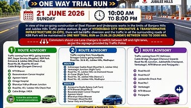 Traffic advisory signs for one-way trial run near KBR Park in Hyderabad on June 21, 2026.