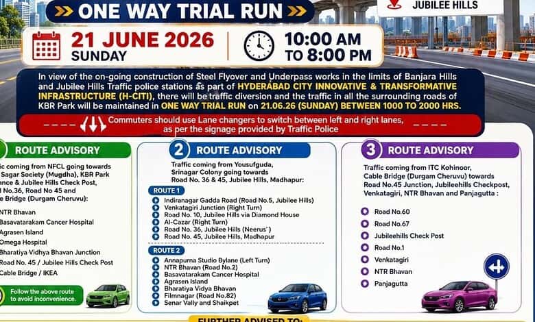 Traffic advisory signs for one-way trial run near KBR Park in Hyderabad on June 21, 2026.