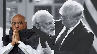 Modi, Trump, and Modi in a close, serious discussion at a public event.