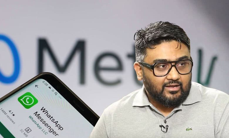 Kunal Shah at a conference, with WhatsApp Messenger app on a phone in foreground.