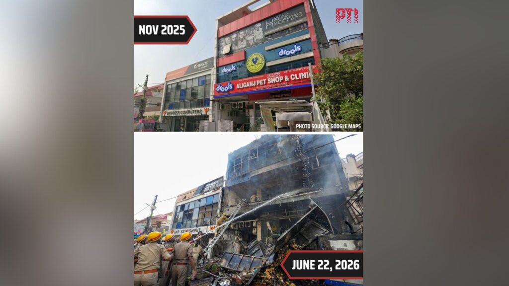 Comparison of building before and after fire damage on June 22, 2026.