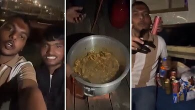 Celebration on Ganga ghats with chicken, beer, and friends during a party.