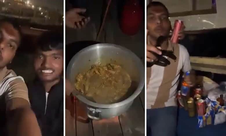 Celebration on Ganga ghats with chicken, beer, and friends during a party.