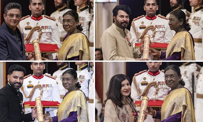 President awards Padma honours to celebrities and military personnel in a formal ceremony.