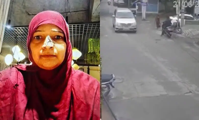 Woman with pink headscarf and face mask in indoor setting, side-by-side with street scene.