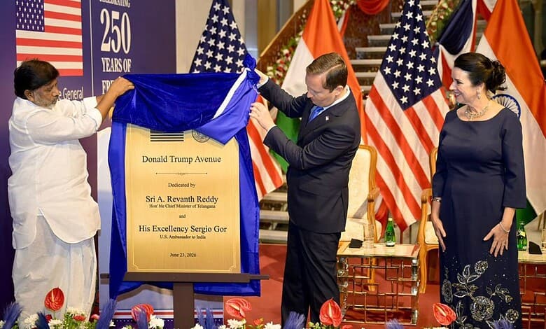 Unveiling of the Donald Trump Avenue plaque in Hyderabad with officials and flags.