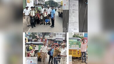 Group of children and adults at bus stop in Hyderabad, India, with police officers present.