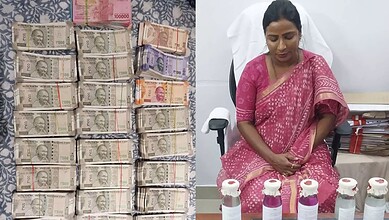 Stacks of Indian currency notes and a woman in pink saree at Telangana ACB office.
