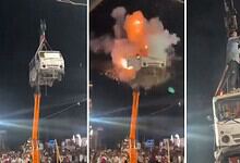 Bus explodes mid-air during Muharram procession in India, causing a fiery blast.