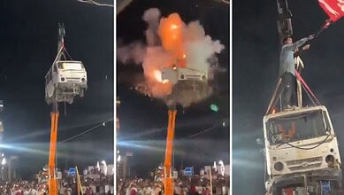 Bus explodes mid-air during Muharram procession in India, causing a fiery blast.