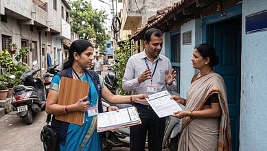 Healthcare professionals discussing documents with a woman in a residential area in Hyderabad.
