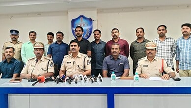 Hyderabad police officials and suspects during a press conference on drug seizure.