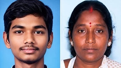 Portrait of a young man and a woman with traditional Indian features against a blue background.