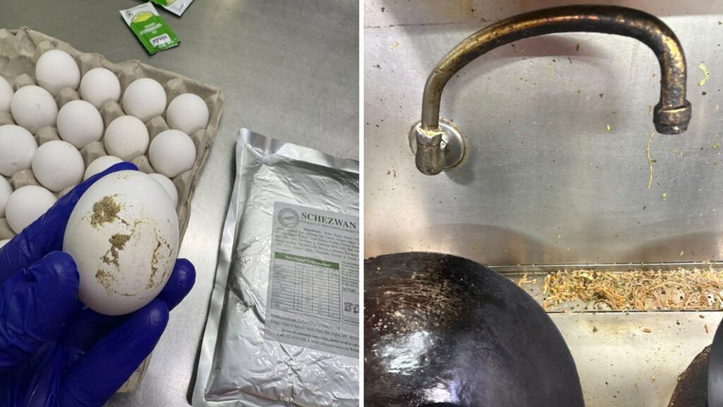 Contaminated eggs and cleaning supplies at a food establishment in Hyderabad.