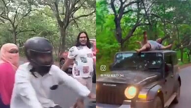 The images show Instagram influencer Uppal Balu making a scene on the ghat road of Ananthagiri Hills performing dangerous stunts there.