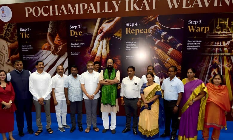 Elegant group of people at Pochampally Ikat weaving workshop, showcasing traditional textile craftsmanshi.