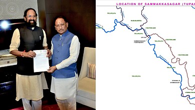 Two men exchanging documents during a formal meeting, with a map of Telangana in the background.