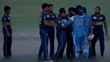 Cricket players from Sri Lanka and India in a heated discussion on the field.