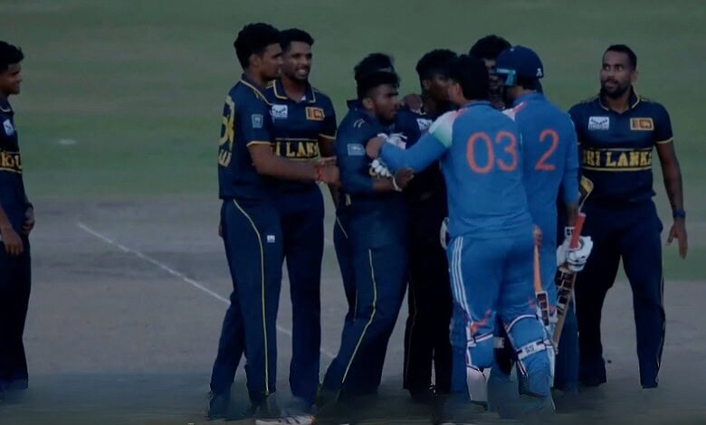 Cricket players from Sri Lanka and India in a heated discussion on the field.